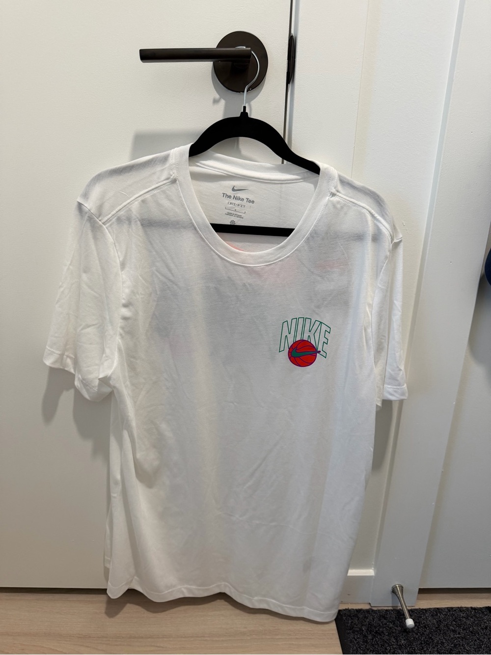 Nike White Short-Sleeve Tee with Green Logo and Red Basketball